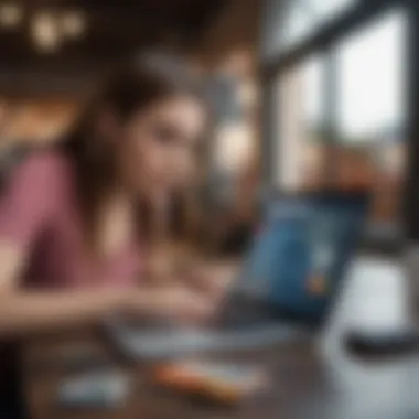 A person analyzing travel expenses on a laptop, with credit cards in view, emphasizing informed decision-making.