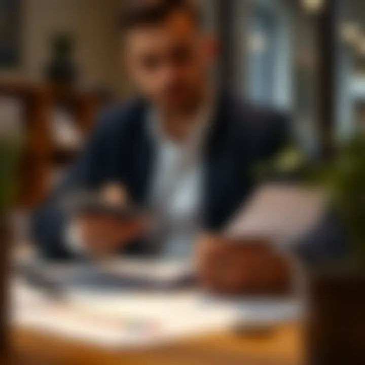 An individual analyzing financial documents with a calculator