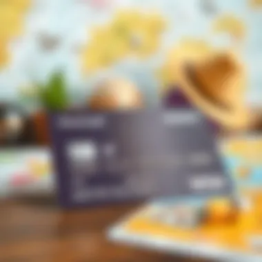 A close-up of a credit card with travel-themed background elements