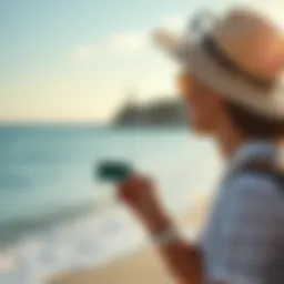 A traveler enjoying a serene beach view with a credit card in hand