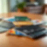 Various credit cards laid out on a table