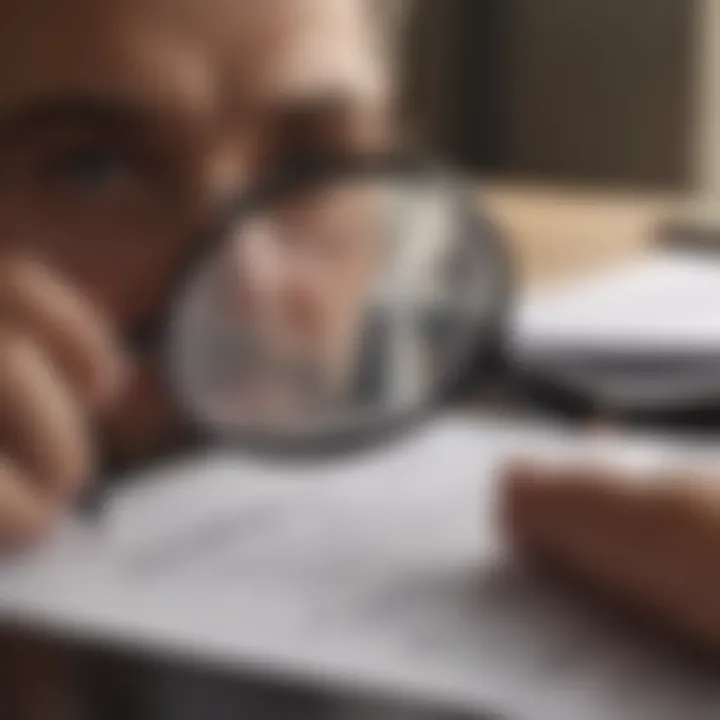 A person thoughtfully reviewing documents with a magnifying glass, symbolizing thoroughness in the search.