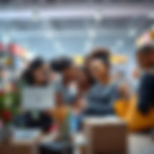 Illustration showing diverse consumers engaging in online shopping without credit checks