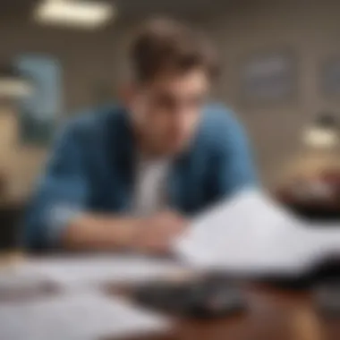 A stressed individual looking over financial documents related to a car loan