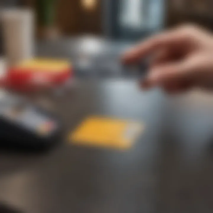 A close-up of a credit card being handed over at the front desk